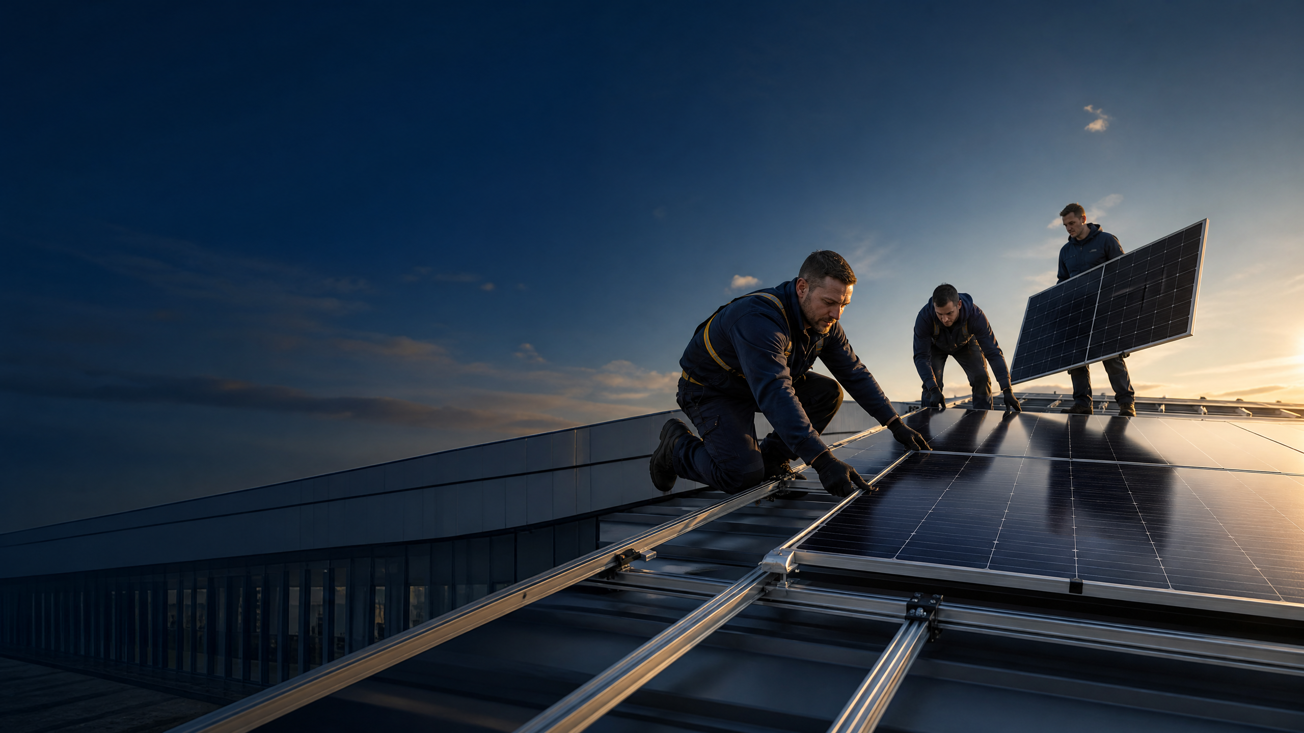 Solar installers positioning photovoltaic panels on a commercial roof